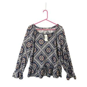 New With Tags Women's XL Absolutely Famous Print Peasant Top NWT